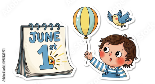Joyful Child Celebrates June First with a Colorful Balloon and Bird.