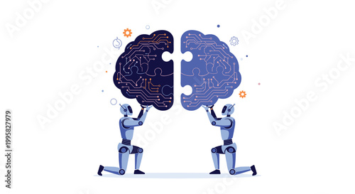 Two robotic figures kneeling and holding up two halves of a digital brain puzzle to join them together for intelligence.