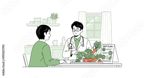 Doctor advises patient on healthy diet with fresh vegetables and diet plan