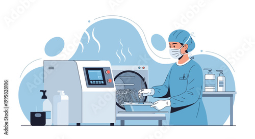 Medical Sterilization Process: Nurse Using Autoclave for Instrument Disinfection in Hospital
