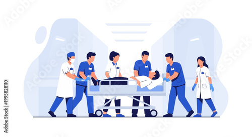 Medical Team Rushing Patient on Stretcher Down Hospital Corridor