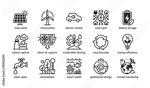 Renewable energy sustainability icons on white background