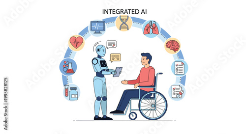 Friendly robot assistant providing medical information to a patient in a wheelchair under an arc of healthcare icons.