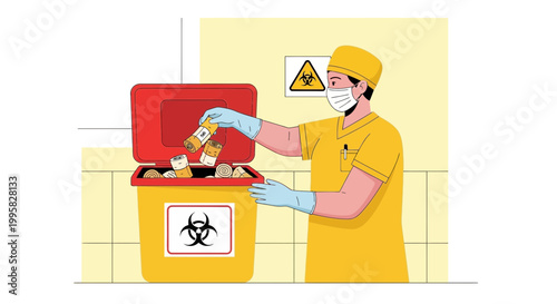 Medical worker in protective gear disposes of biohazard waste in yellow bin
