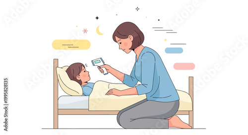 Mother checks child's temperature with thermometer at night, caring for sick kid in bed