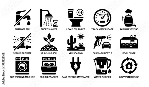Water conservation icons illustrating techniques on white background