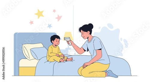 Mother checks child's temperature with thermometer, caring for sick kid at home