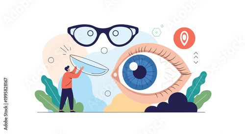 Optometrist technician holding up a contact lens next to a giant human eye and a pair of modern black glasses.