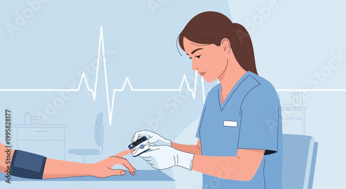 Nurse measuring oxygen saturation and blood pressure on patient's arm in clinic, medical concept