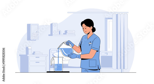 Nurse pouring liquid into beaker in medical room, laboratory research, healthcare concept