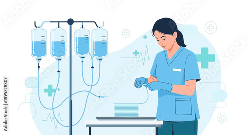 Nurse Preparing IV Drip Bag for Patient Care, Medical Infusion Therapy