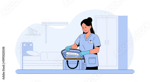 Nurse prepares medical supplies in a hospital room, healthcare concept