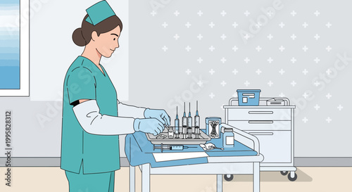 Nurse preparing medical supplies for injection, sterile procedure, healthcare worker in scrubs