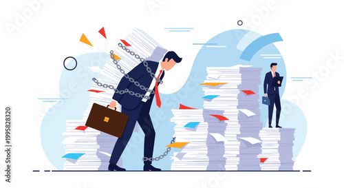 Businessman chained to a massive pile of paperwork while another more successful professional stands on the top.