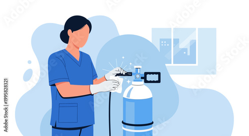 Nurse preparing medical oxygen cylinder for patient care, healthcare concept
