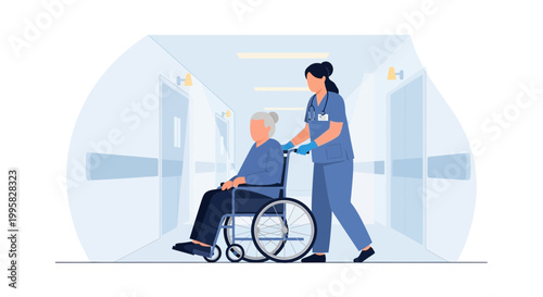 Nurse pushing elderly woman in wheelchair down hospital corridor, care and assistance concept
