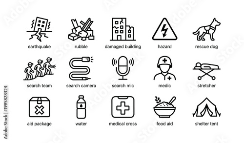 Disaster relief icons arranged in grid on white background