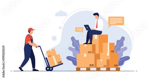 Businessman working on a laptop sitting on stacks of cardboard boxes while a worker pulls a hand truck in a warehouse.