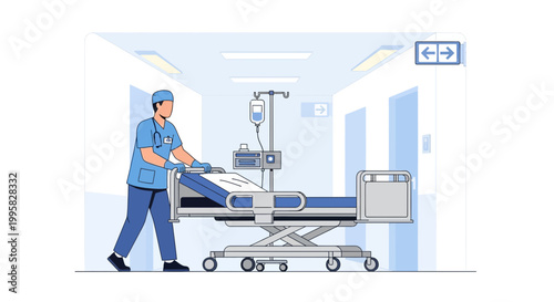 Nurse pushing hospital bed with IV drip in modern clinic hallway