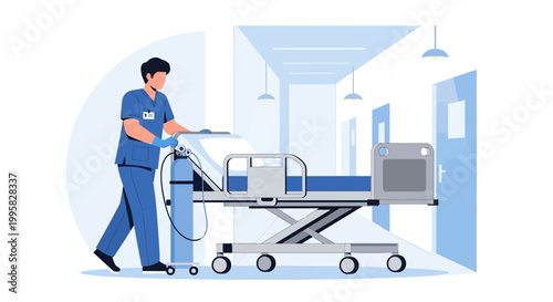 Nurse Pushing Hospital Bed with Oxygen Tank Down Corridor