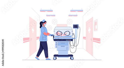 Nurse pushing incubator with newborn baby in hospital corridor, medical care concept