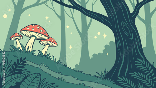 Magical enchanted forest with red spotted mushrooms, enchanted