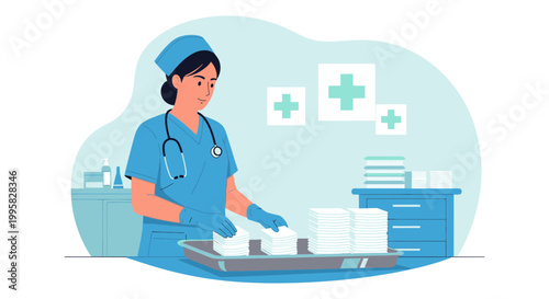 Nurse Preparing Medical Supplies in Hospital Room with Cross Symbols