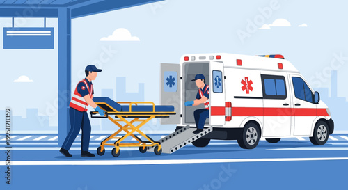 Paramedics Load Stretcher into Ambulance at Station