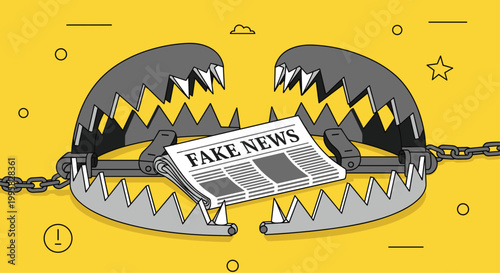 Newspaper with a fake news headline caught in a dangerous metal bear trap on a bright yellow background.