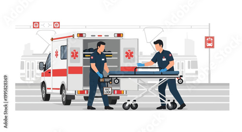 Paramedics Loading Stretcher into Ambulance, Emergency Medical Services, Healthcare Professionals