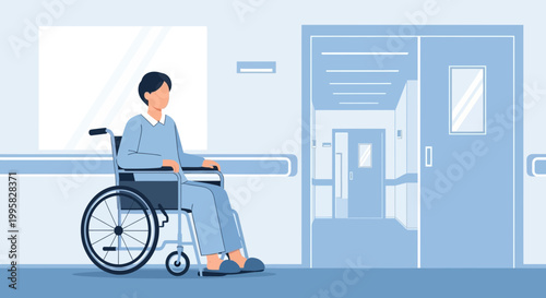 Patient in wheelchair in hospital hallway, waiting for medical treatment or discharge
