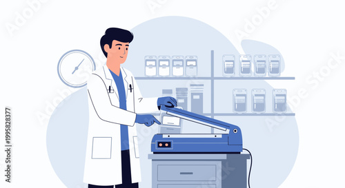 Pharmacist in Lab Coat Sealing Medicine Packaging with Heat Sealer Machine in Pharmacy