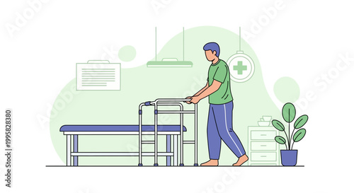 Patient recovering with walker in rehabilitation center, physical therapy