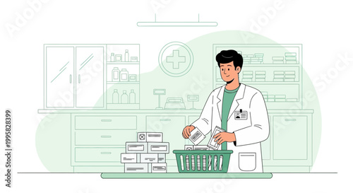 Pharmacist organizing medicine boxes in a pharmacy, healthcare concept
