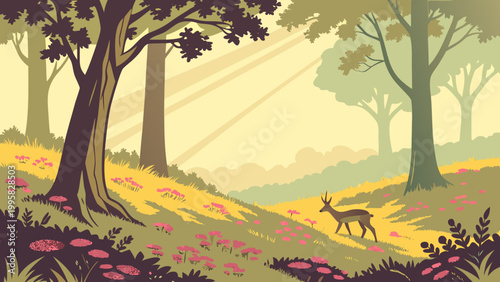 Deer in sunlit wildflower meadow forest landscape with sunlight, wildlife