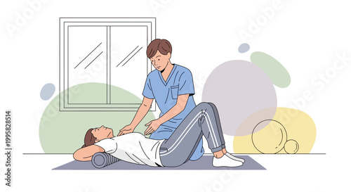 Physical therapist helping patient with breathing exercises on yoga mat