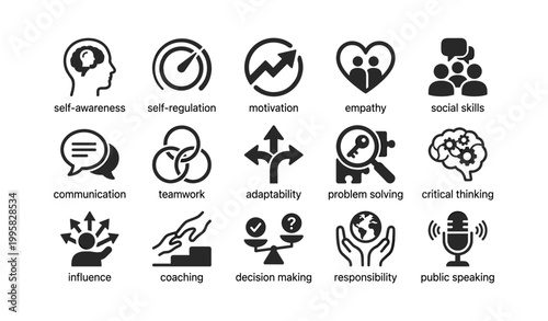 Icons of soft skills and leadership concepts on white background
