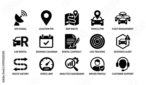 Fleet and gps icons illustrating navigation and rental features