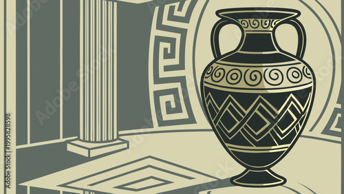 Antique vase with circuitry patterns sitting on reflective surface in dramatic light