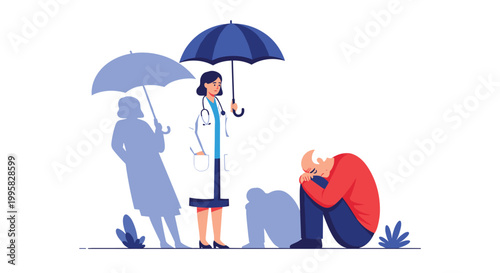 Compassionate female doctor holding a blue umbrella over a depressed man sitting on the ground in the rain.