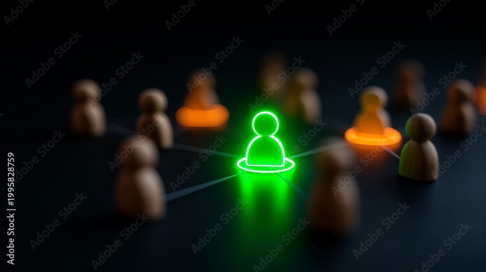 Obraz premium organizational network structure, decision making, leadership, strategy, Illuminated Collaboration: Network of Wooden People Icons with Neon Green Glowing Node on Blurred Background.