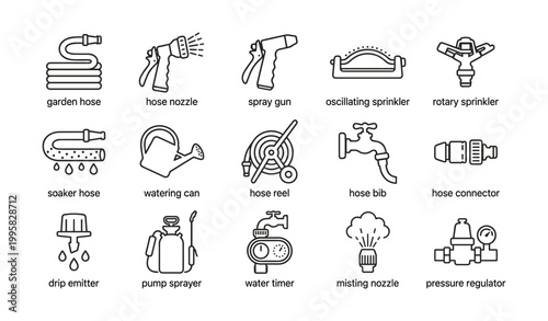 Garden watering icons showing hoses nozzles and irrigation tools