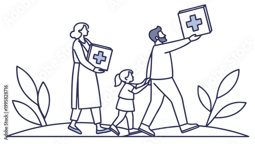 Family carrying medical aid boxes line art concept with healthcare, medicine