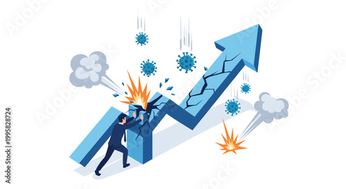 Businessman trying to prevent a blue growth arrow from breaking as it is being attacked by floating virus particles.