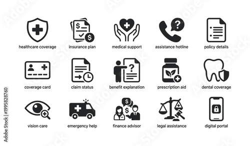 Healthcare and insurance icons showing coverage and support services