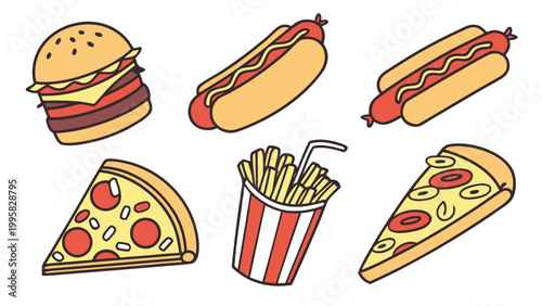 Assorted fast food icons burger hotdog pizza and fries vector illustration