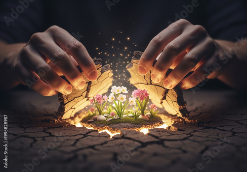 Hands Lifting Cracked Earth to Reveal a Secret Glowing Garden