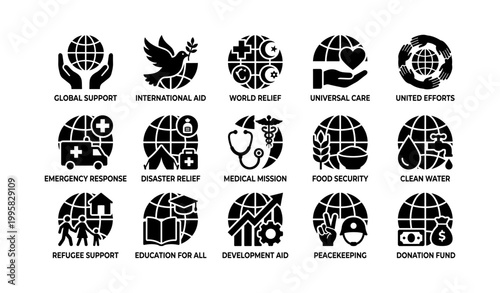 Humanitarian icons showing global aid and relief on white background