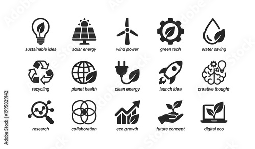 Sustainability icons showing renewable energy and eco symbols