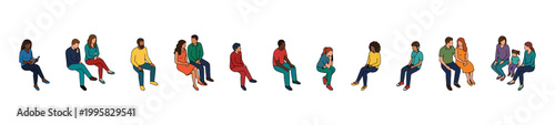 Side View Sitting People Set, Diverse Seated Men Women and Families Characters Collection for Architectural Elevation, Waiting Area, Public Space and Urban Design Vector Illustration